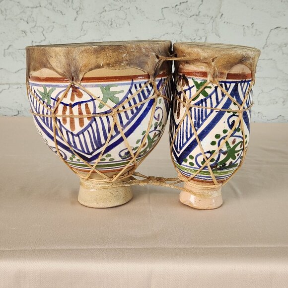 Moroccan Hand-Painted Ceramic Bongo Drums with Goat Hide – Handmade Folk Art - Picture 1 of 16